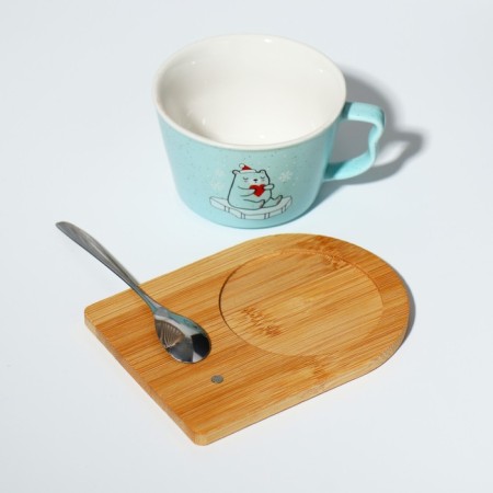 Ceramic mug on a stand with a spoon "Bear", 230 ml, beige color-5