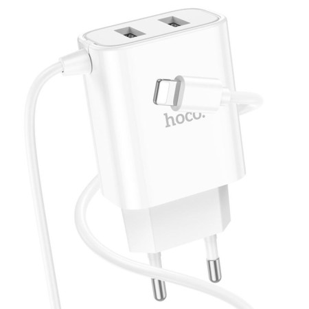 Network charger HOCO C103A, 2 USB, 2.1 A, built -in Lightning cable, 1 m, white
