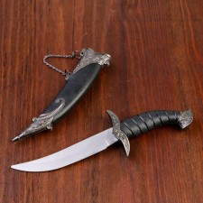 Curved souvenir knife, 26.5 cm, a long curl on the scabbard, black