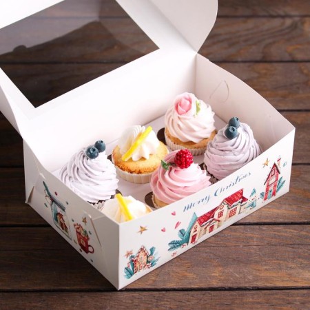 Packaging for 6 cupcakes with a window "Christmas House", 25 x 17 x 10 cm-3