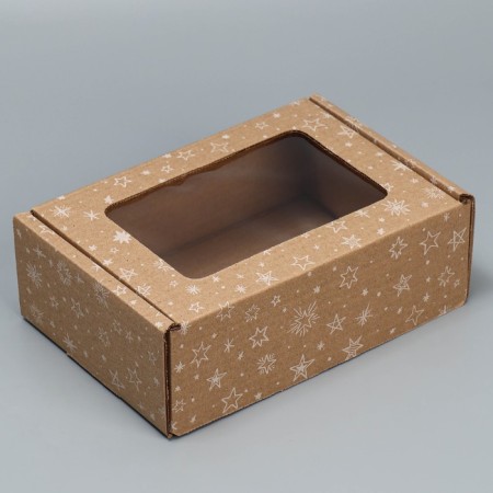 Box a gift team with a window, packaging, "stars", brown, 24x8x16 cm