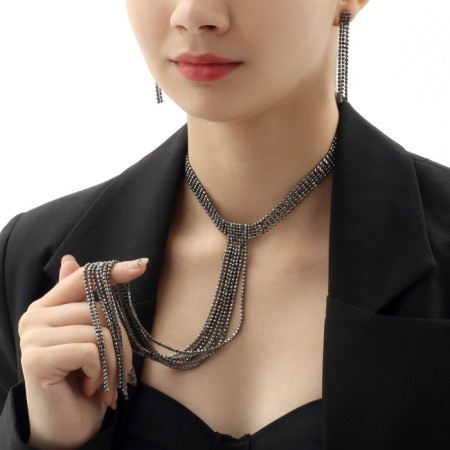 Set 2 objects: earrings, necklace "ice" path, gray color, 30 cm-2