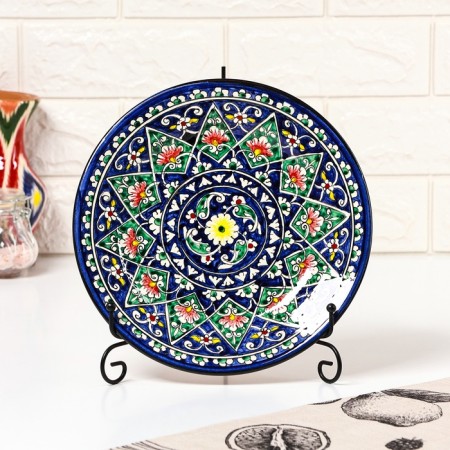 Plate of the Rishtan ceramics "Flowers", D = 25 cm, ceramics, blue