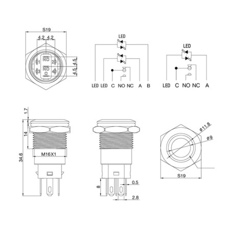 Anti-Vandal button Ø16 250V B/Fix (5C) OFF- (ON)/ON- (OFF) Flat submarine/Red Power (A-16-F5)-4