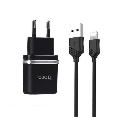 Network charger Hoco C12, 2 USB - 2.4 A, Lightning 1 m, black cable-1
