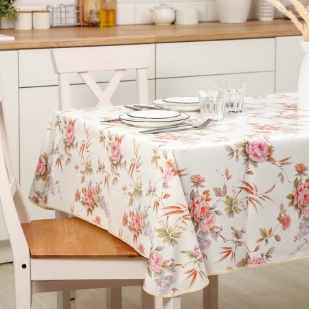 The tablecloth on a non -woven base is reusable with a “rose” fiber, 135 × 180 cm, beige color