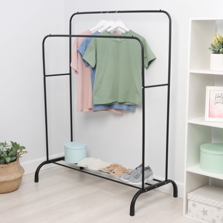 Double -hung -hungry metal metal for clothes, with a shelf, 110 × 62 × 150 cm, black color