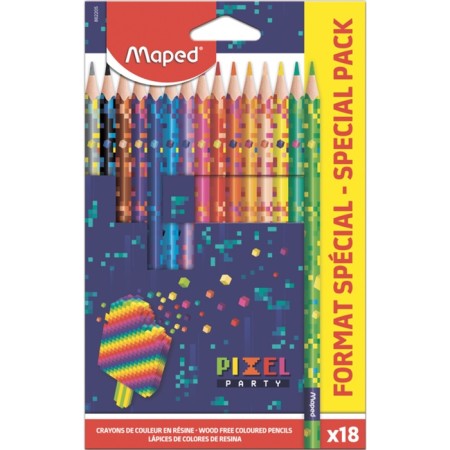 Pencils of 18 colors Pixel Party, plastic, decorated, triangular, cardboard packaging with a suspension