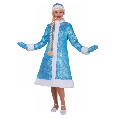 New Year! Snegurochka carnival costume, brocade fur coat, hat, mittens, blue color, p. 46