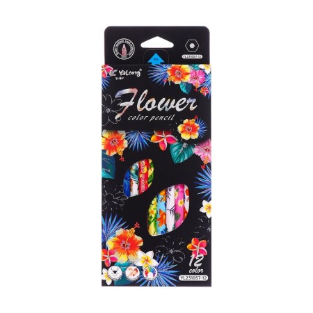 Pencils 12 colors in a cardboard box, hexagonal, wooden, flowers on a black mix-6
