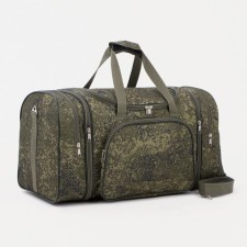 Road bag on a zipper, with an increase, 3 outer pockets, a long belt, green color/camouflage