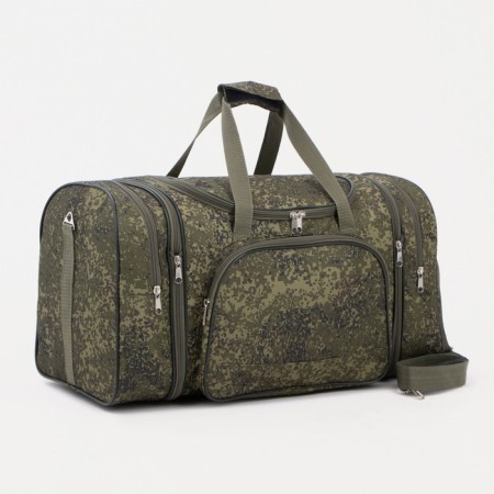 Road bag on a zipper, with an increase, 3 outer pockets, a long belt, green color/camouflage
