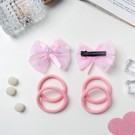 Hair Set "Coquette" (4 gum 4 cm, 2 clamps 7 cm) Overflow bow, pink-2