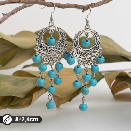 Earrings "turquoise world" circle and 5 paths of beads, blue color in black silver