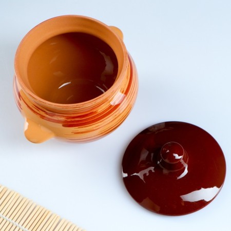 Ceramic pot for baking No. 5 with handles, 0.5l / 10x10.5cm, orange strip-2