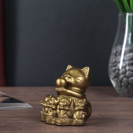 NECSK Polystone Bronze "Cat Mani-Neko with kittens" 7.5x6.5x7 cm-3