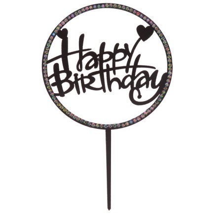 Topper "Happy Birthday", with rhinestones, black color