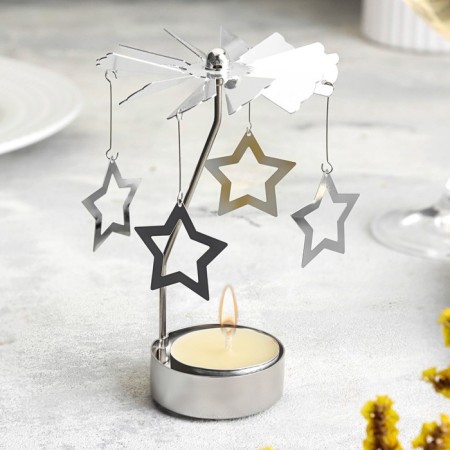 Candle rotating "carousel with stars", silver, metal