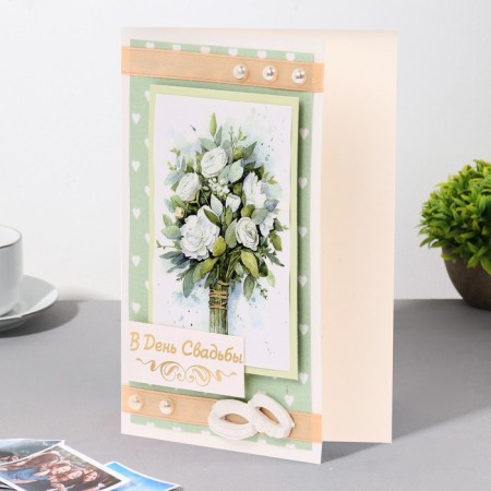Postcard "On the Day of Wedding!" Handmade, white roses, 11.5x17 cm