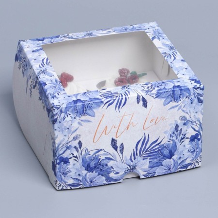 Capcake box, confectionery packaging with a window, 4 cells "Blue Flowers", 16 x 16 x 10 cm-3