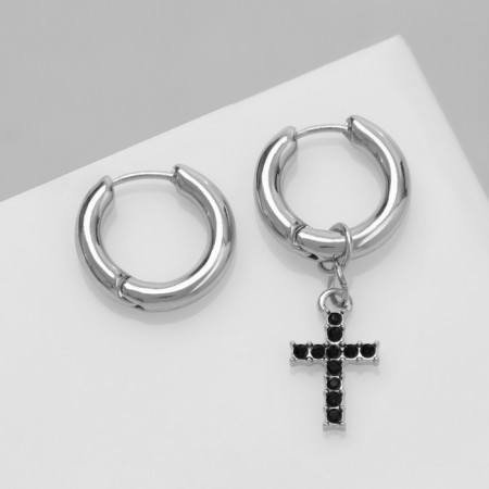 Earrings with the removable element "Transformer" Cross, black color in silver