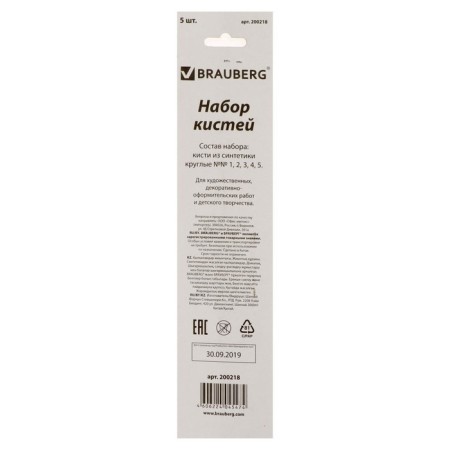 Set of brushes, synthetics, 5 pieces, brauberg (round, No. 1, 2, 3, 4, 5), blister-5
