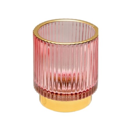 Decorative candlestick made of colored embossed glass, 70 × 70 × 80 mm, pink color-1