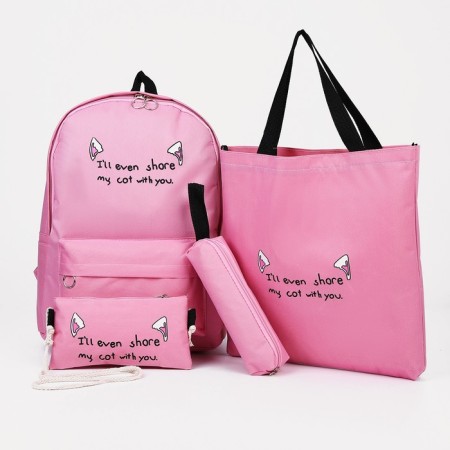 A backpack with a zipper, an outer pocket, a set of a chover, bag, pink color