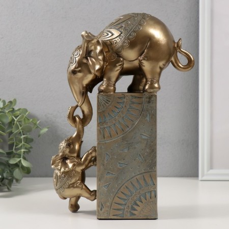 Polystone souvenir "Elephant with a baby on a column with patterns" Bronze with a patina 20x9x28 cm