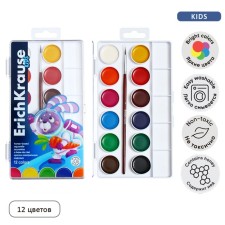 Акварель 12 цветов ErichKrause "Kids Space Animals", медовая, в пластиковой коробке, с УФ защитой яркости