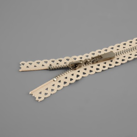Metal zipper, No. 3, non -proceeding, automatic lock, 30 cm, beige color/nickel-1