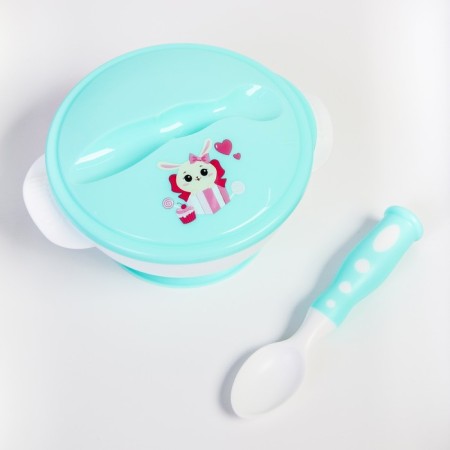 A set of children's dishes "Bunny", 3 objects: a plate on a suction cup, cover, spoon, turquoise color-1