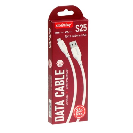 Smartbuy S25, microUSB cable - USB, 3 A, 1 m, TPE braid, fast charging, white-3