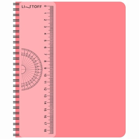 Notebook A5-80 sheets in a cage, on a crest, a plastic cover, a removable ruler made of transparent plastic, coral