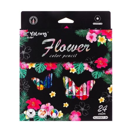 Pencils 24 colors in a cardboard box, hexagonal, wooden, flowers on a black mix-7