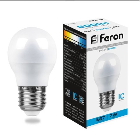 LED LED Feron LB-95, G45, E27, 7 W, 230 V, 6400 K, 600 lm, 220 °, 82 x 45 mm