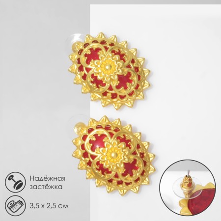 Earrings "openwork" floral, red color in gold