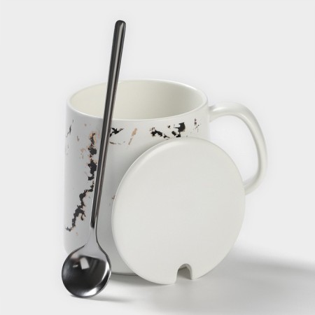 Ceramic mug with a spoon "White Marble", 350 ml, white color-1
