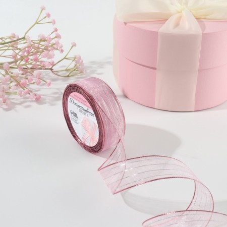 The ribbon is nylon, with lurex, 25 mm × 9.1 ± 0.5 m, pink/silver color