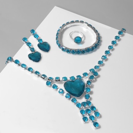 Set 4 objects: earrings, necklaces, bracelet, “heart” ring in circles, blue color in silver