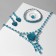 Set 4 objects: earrings, necklaces, bracelet, “heart” ring in circles, blue color in silver