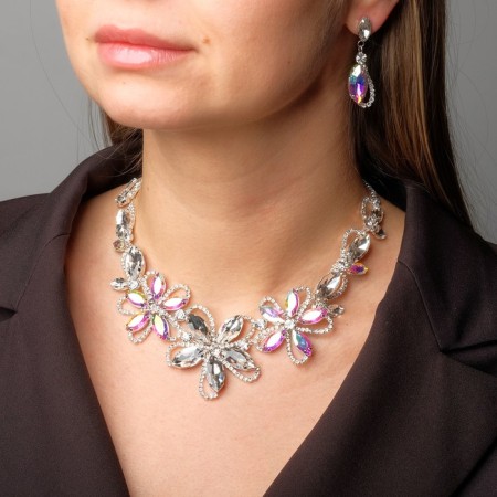 Set 2 objects: earrings, necklace "flowering", rainbow-white color in silver, 40 cm