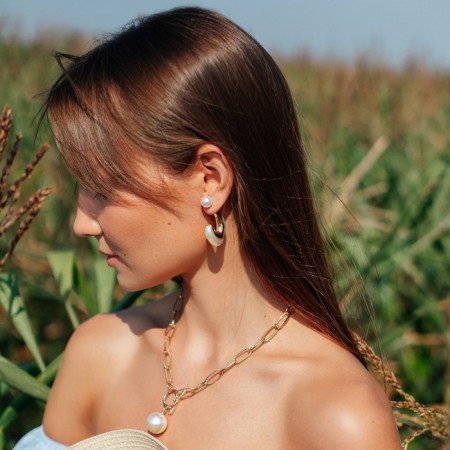 Earrings with pearls "flow" bead, white color in gold-1