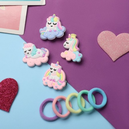 Hair set "Ray" (10 rubber bands, 4 clamps) unicorn, mix-1