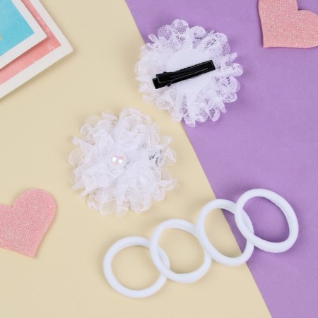 Hair set "cutie" (2 clamps, 4 elastic bands) lace, white-2