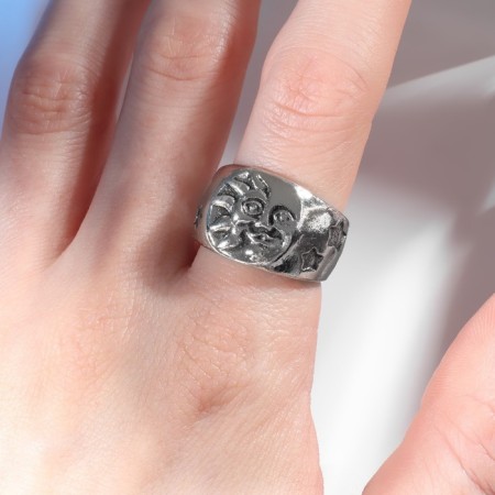 Ring "Sun and Moon" with stars, color black silver, 16 size-1