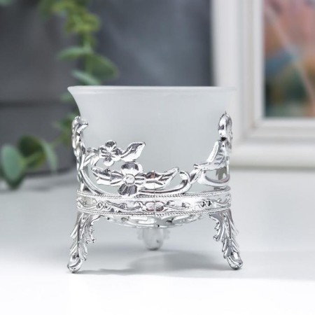Glass candlestick, 1 candle "Flowers" silver 6.5x6x6 cm-2