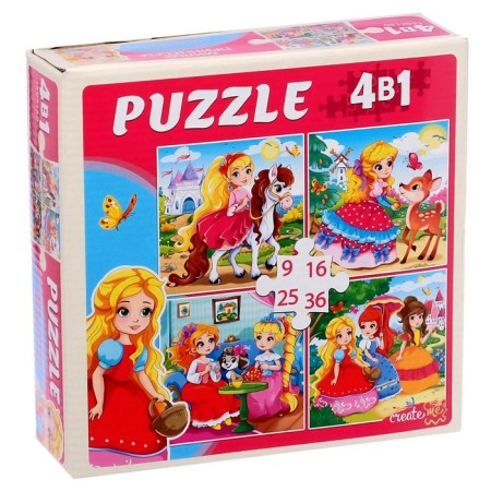 Set of puzzles 4 in 1 "Cute Princesses", 9,16, 25, 36 elements