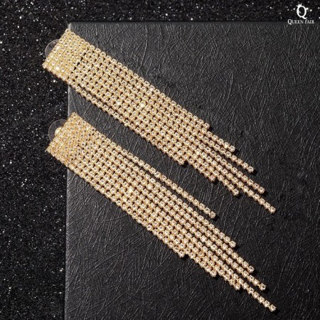 Hanging earrings with rhinestones "Waterfall" a large square, white color in gold, 10 cm-1