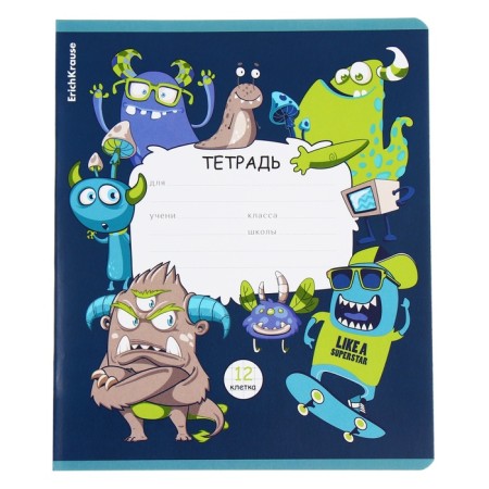 Notebook of 12 sheets in the Erichkrause "Monsters" cage, covered cardboard, OFSET block, mix-3